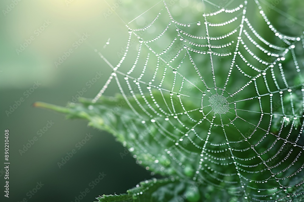 Naklejka premium A picturesque and sharp photo of a rain-drenched spider web glistening in the morning light