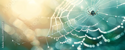 A picturesque and sharp photo of a rain-drenched spider web glistening in the morning light