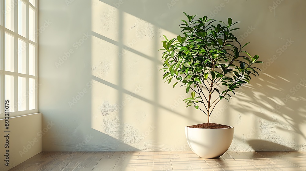 Fototapeta premium Sunlit white-walled room with a minimalist design, featuring a single, large indoor plant as the focal point.