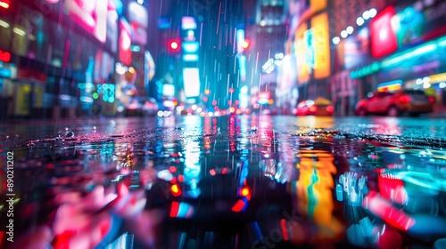 A vibrant and sharp photo of a rainy night street scene with reflections of colorful neon lights on the wet pavement