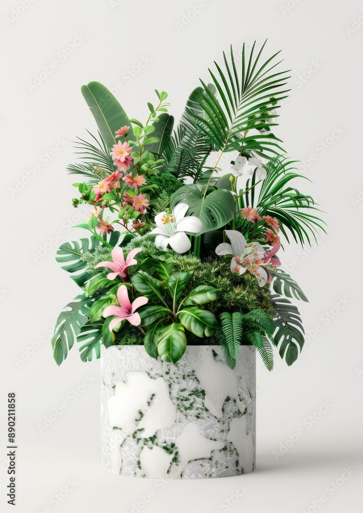 Fototapeta premium Pristine Stone Showcase: Colorful Flora Adorning Fresh Products - 3D Rendering, Generative Ai