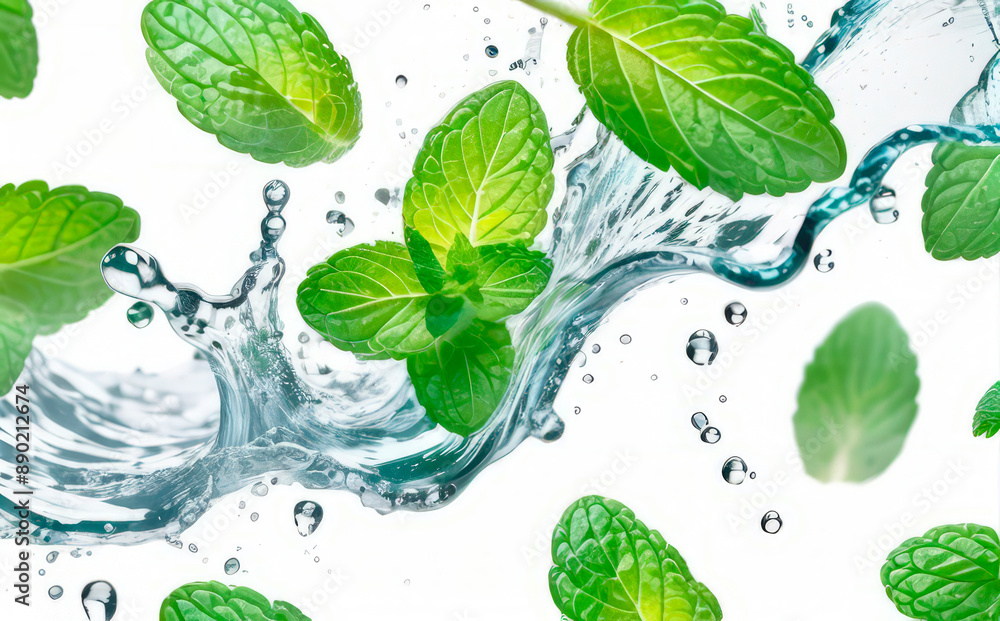 mint leaves in a splash of water on a white background mint leaves in a splash of water on a white background
