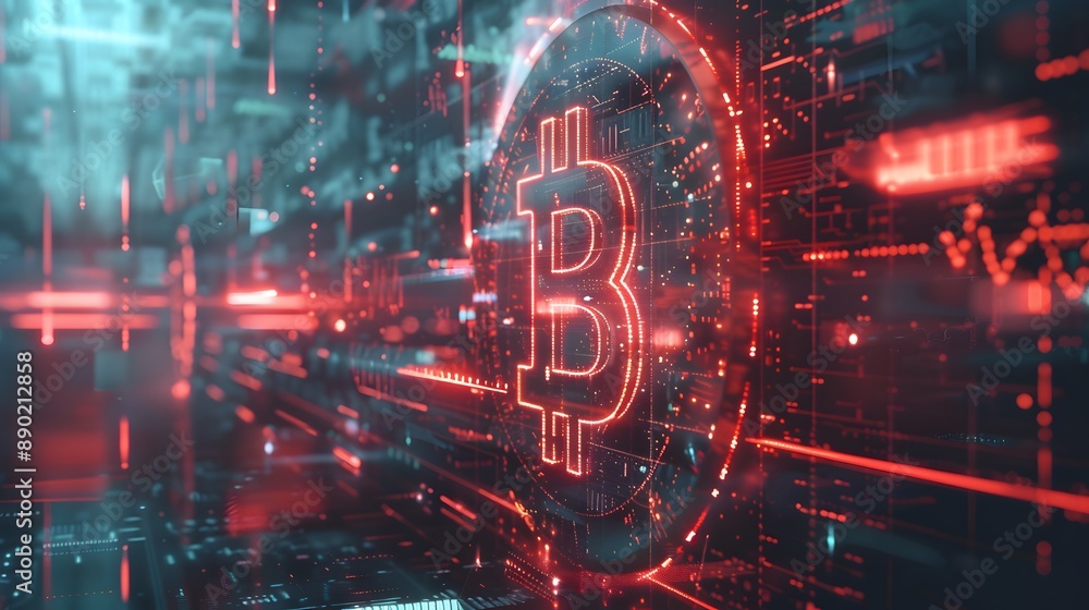 Fototapeta premium Bitcoin with glowing lights..Gold bitcoin symbol. Coins on black background.