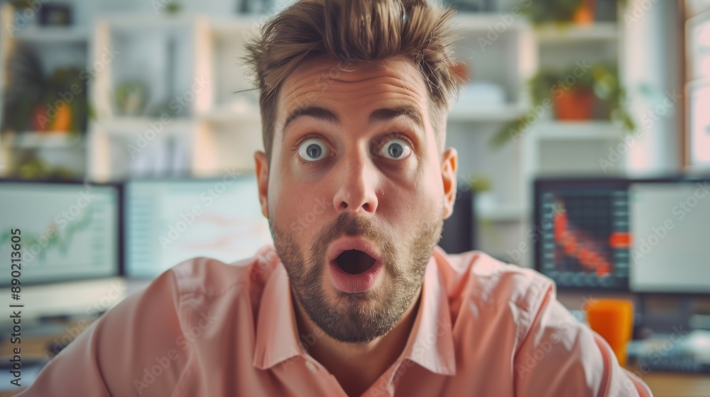 Shocked Man Reacts to Stock Market Data on Computer Screen Shocked Man Reacts to Stock Market Data on Computer Screen