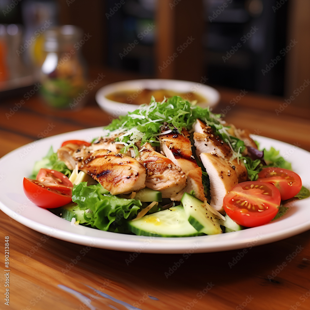 Healthy chicken and salad dish on wooden table Healthy chicken and salad dish on wooden table