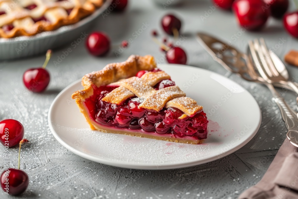 A fresh, flavorful slice of traditional cherry pie on a white plate, perfect for recipe website and cooking school A fresh, flavorful slice of traditional cherry pie on a white plate, perfect for recipe website and cooking school