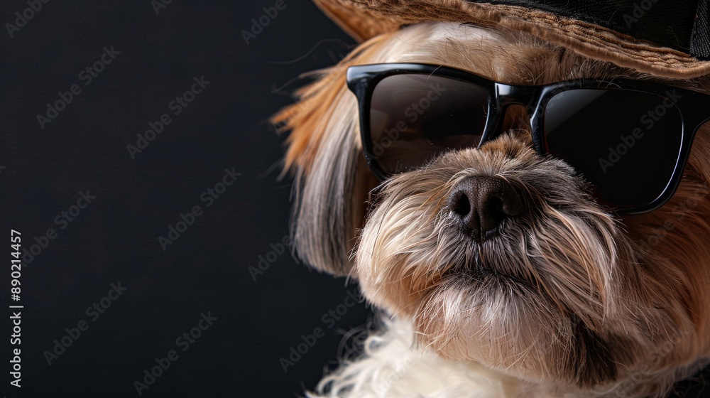 Naklejka premium A Lhasa Apso dog looking stylish in sunglasses and a hat