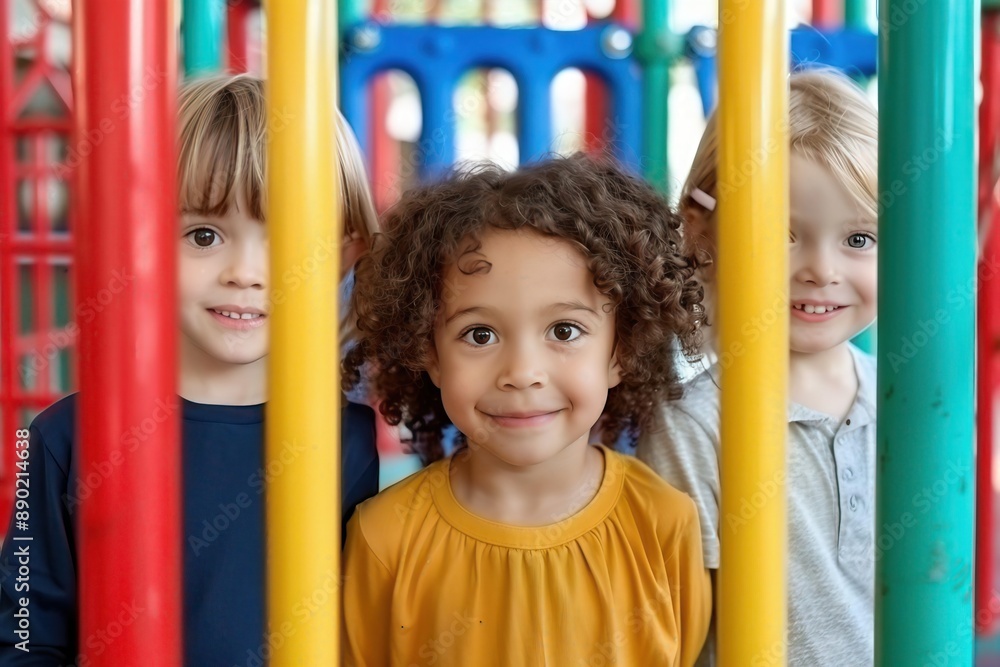 Group of kids playing hide and seek around the playground equipment, school playground, imaginative play Group of kids playing hide and seek around the playground equipment, school playground, imaginative play