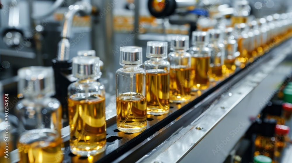 A row of bottles with a clear liquid inside A row of bottles with a clear liquid inside