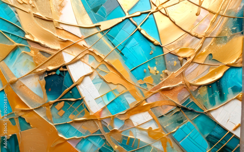 abstract background chaotic traces of yellow turquoise paint on a white background