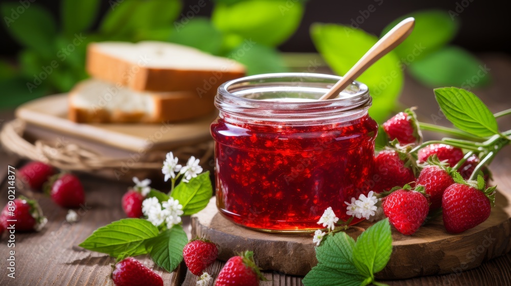 Organic strawberry jam on wooden table with whole grain bread  nutritious vegan dessert