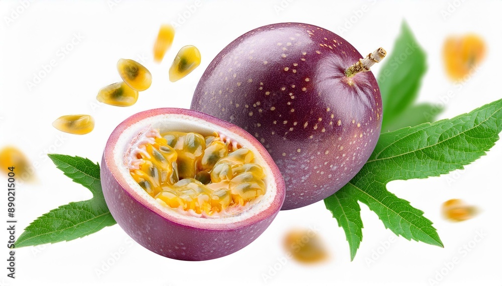 Passionsfrucht mit halber Scheibe und Samen, die in der Luft mit Blättern schweben, isoliert auf weißem Hintergrund. Tropische Frucht in der Sommersaison. Passionsfrucht mit halber Scheibe und Samen, die in der Luft mit Blättern schweben, isoliert auf weißem Hintergrund. Tropische Frucht in der Sommersaison.