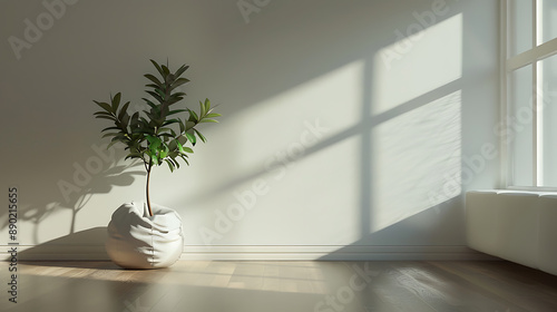 Minimalist living room, soft natural light, single potted plant, clean lines. Generative AI illustration   © สรศักดิ์ ธรรมวงษ์ษา
