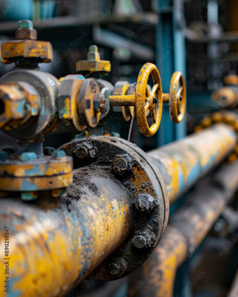A close-up view showcases pipes and valves within a refinery. A close-up view showcases pipes and valves within a refinery.