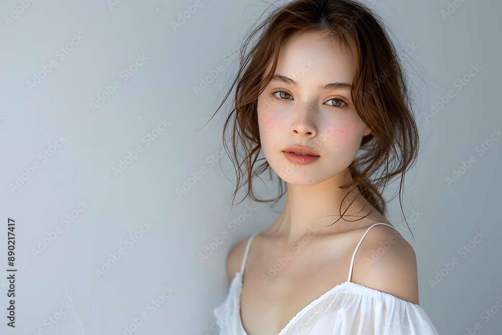 A lovely Asian woman presenting her glowing skin texture against a clean background A lovely Asian woman presenting her glowing skin texture against a clean background