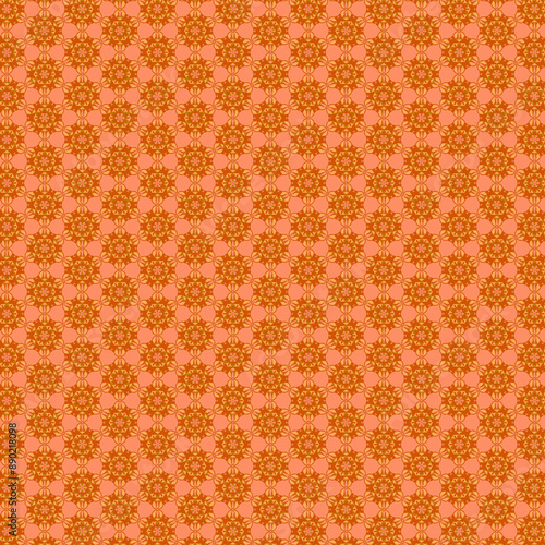 Modern floral geometric mosaic fabric pattern Simple orange yellow flowers on a muted orange peach apricot background