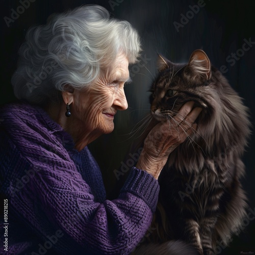 Elderly European Woman with White Hair Petting Norwegian Forest Cat photo