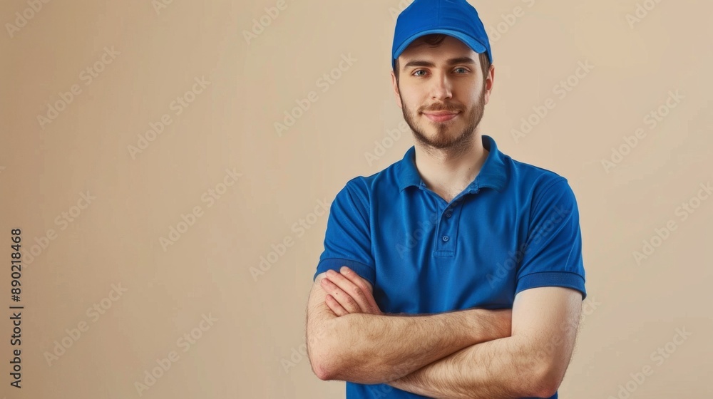 A man in a blue shirt and hat is smiling and crossing his arms A man in a blue shirt and hat is smiling and crossing his arms