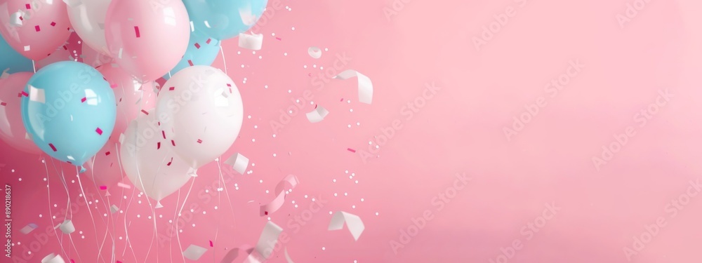 Baby party, baby shower, gender reveal party celebration festive banner greeting card - Pastel pink and blue balloons, isolated on pink wall background Baby party, baby shower, gender reveal party celebration festive banner greeting card - Pastel pink and blue balloons, isolated on pink wall background