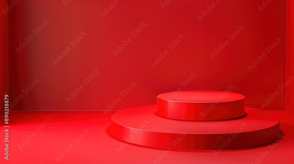Red round podium on red background. Modern podium for product presentation. Red podium background. Copy space area for text. Red round podium on red background. Modern podium for product presentation. Red podium background. Copy space area for text.