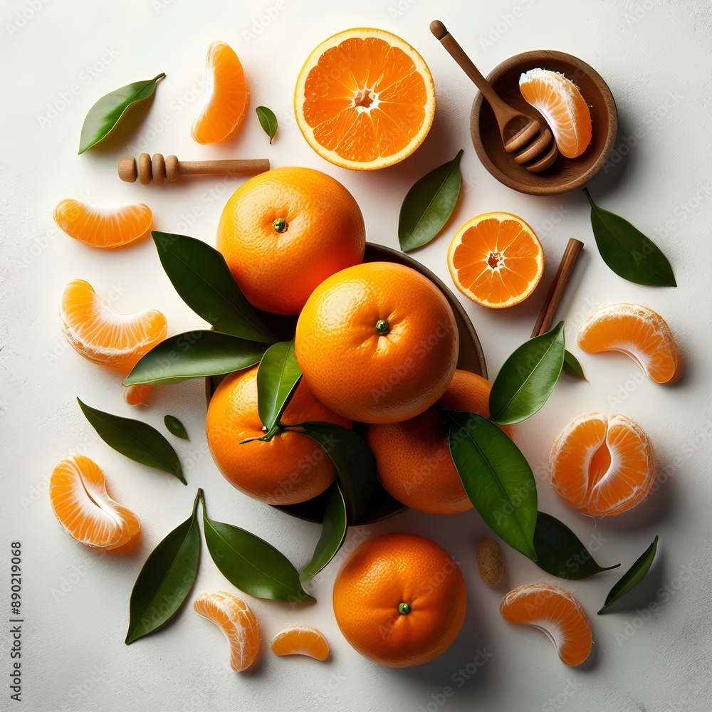Whole and sliced mandarins isolated on a white background seen from above. Whole and sliced mandarins isolated on a white background seen from above.