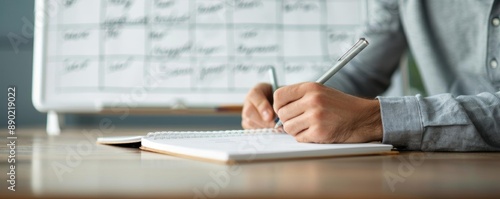 Teacher writing the days schedule on a whiteboard, school board, classroom organization photo