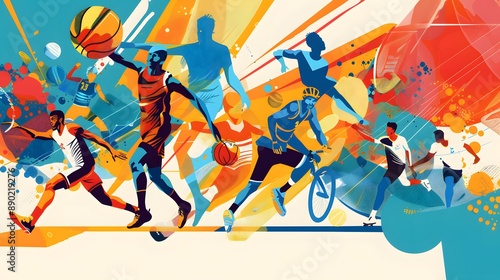 Fototapeta Naklejka Na Ścianę i Meble -  Sports background design with abstract modern template. Vector illustration of sport players in different activities. football, basketball, baseball, tennis, rugby, bicycling. 