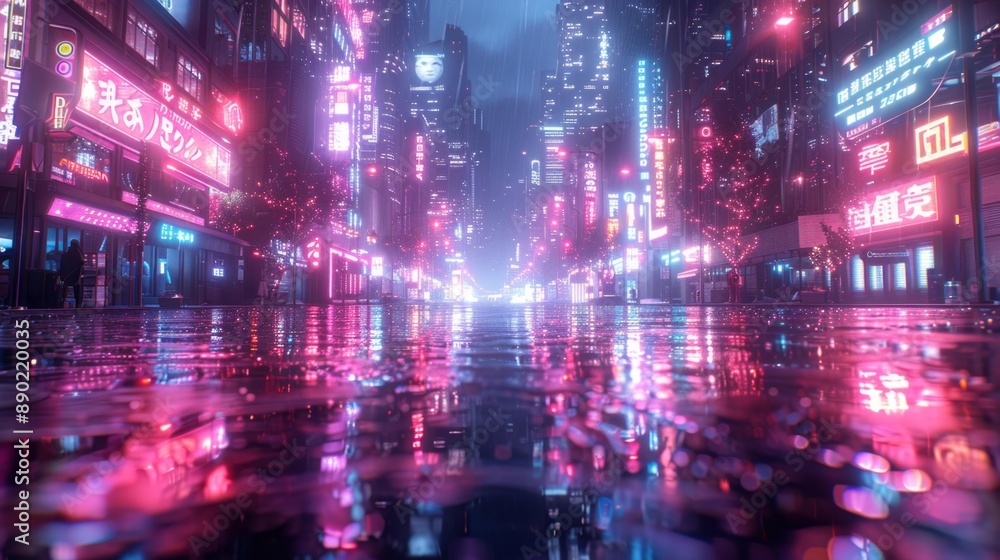 Neon-lit street in a futuristic city - generative ai Neon-lit street in a futuristic city - generative ai