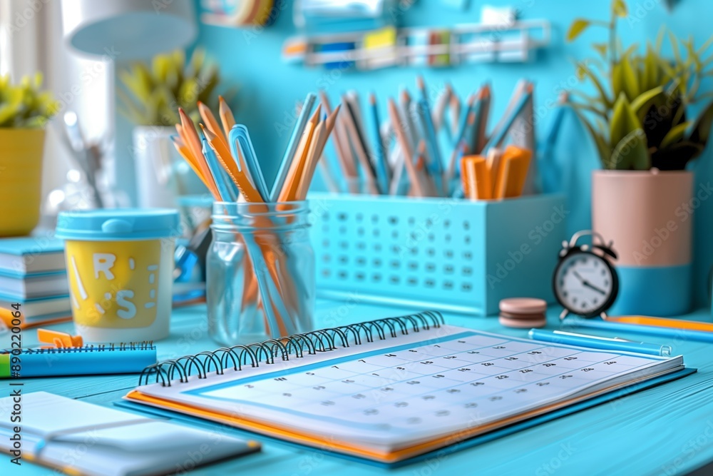 Open Calendar on a Blue Desk With Pencils and a Small Alarm Clock Open Calendar on a Blue Desk With Pencils and a Small Alarm Clock