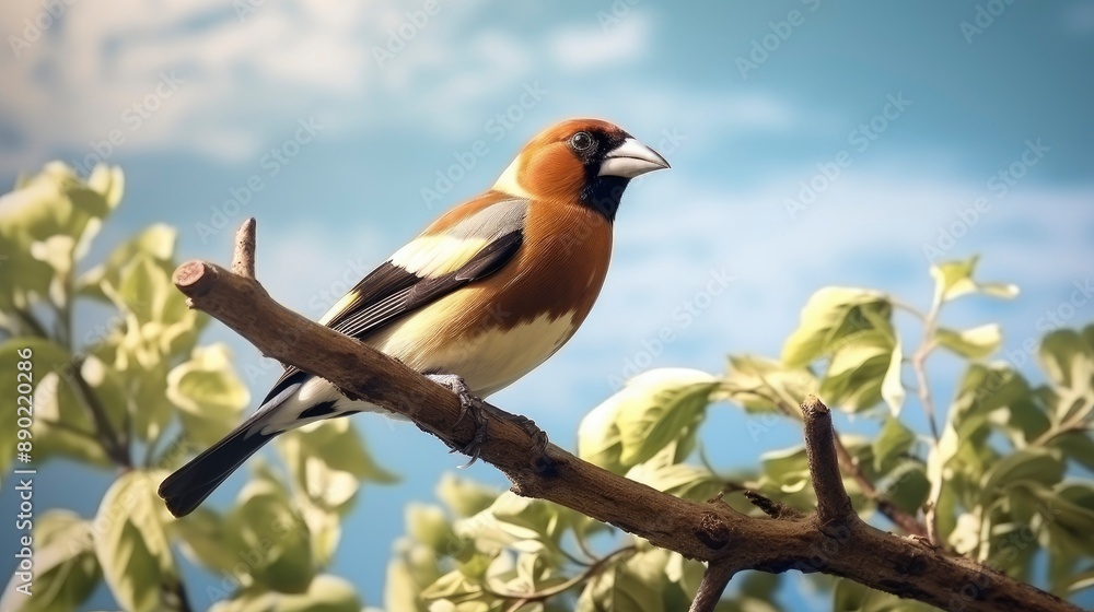 Hawfinch, Coccothraustes coccothraustes sitting onn the green branch against the sky .