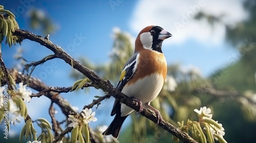 Hawfinch, Coccothraustes coccothraustes sitting onn the green branch against the sky . photo