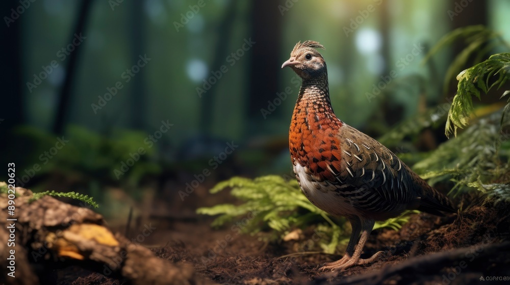 Young pheasant in the forest. Side view, full length . Young pheasant in the forest. Side view, full length .