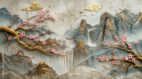Volumetric stucco molding concrete wall panel with pink blossoms blue mountains, gray gold