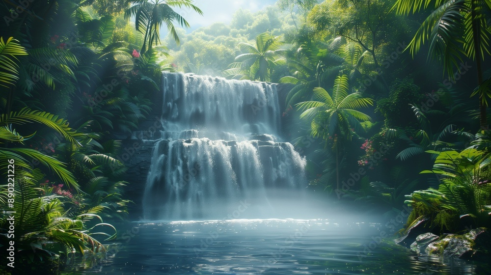 Lush green tropical rainforest jungle landscape with waterfall blue water in foreground sunlight shining trees in background, ferns moss plants Lush green tropical rainforest jungle landscape with waterfall blue water in foreground sunlight shining trees in background, ferns moss plants