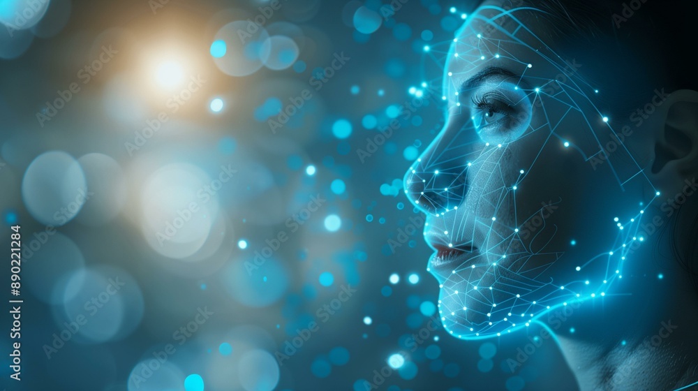 Glowing blue dots connect key points womans face facial recognition technology, future tech high head