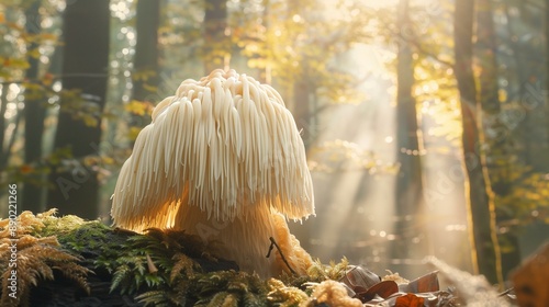 Shaggy ink cap mushroom illuminated by soft morning light in dense forest, cycle life growth decomposition decay photo