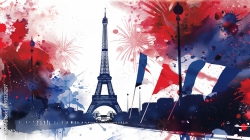 Eiffel Tower and French Flags with Fireworks for Bastille Day photo