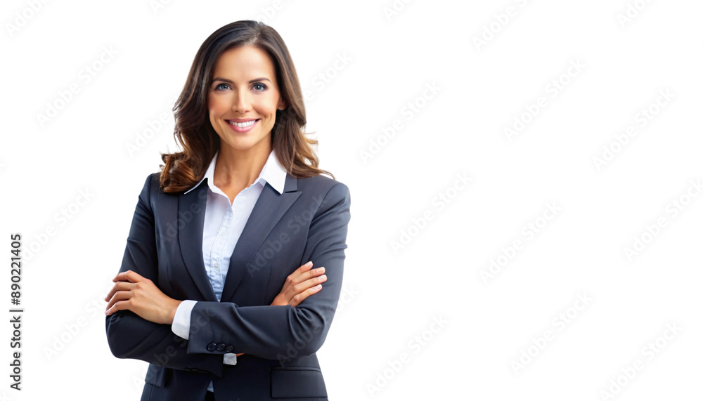 A woman with dark hair in a grey suit, smiling with arms crossed, conveying confidence and approachability on a transparent background A woman with dark hair in a grey suit, smiling with arms crossed, conveying confidence and approachability on a transparent background