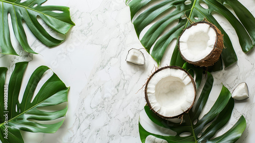 Tropical Monstera leaves and a coconut arranged on a light marble background. Summer concept, flat lay, top view.