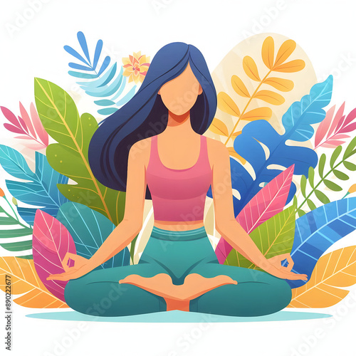 Wallpaper Mural A young beautiful girl sitting in the lotus position, isolated on a white background, Flat vector Illustration Torontodigital.ca