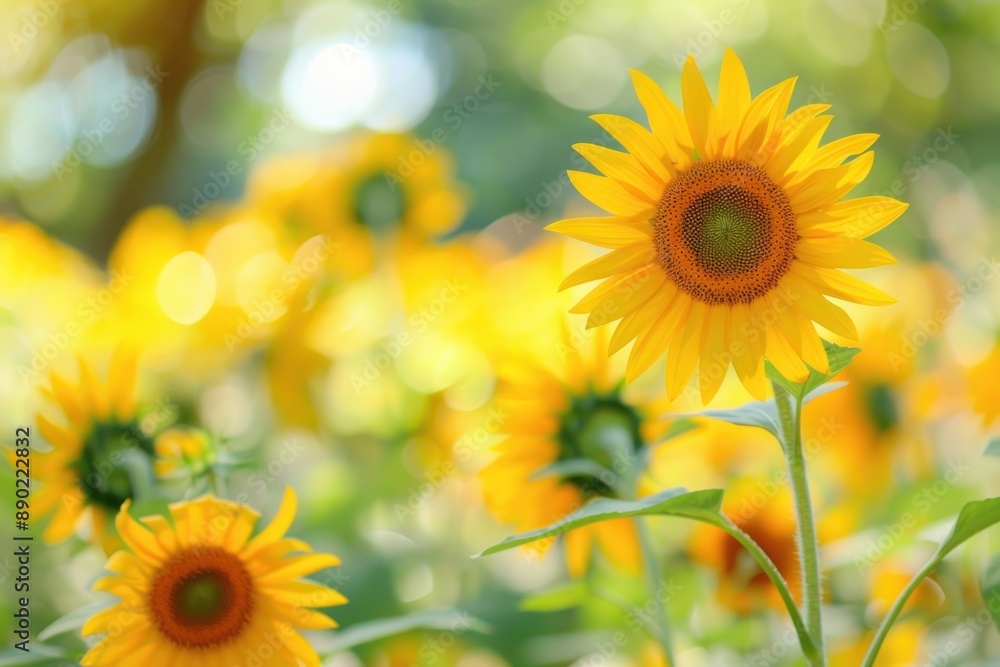 Fototapeta premium Close-up of vibrant yellow sunflowers blooming in a summer field, showcasing nature's beauty and freshness - Generative ai