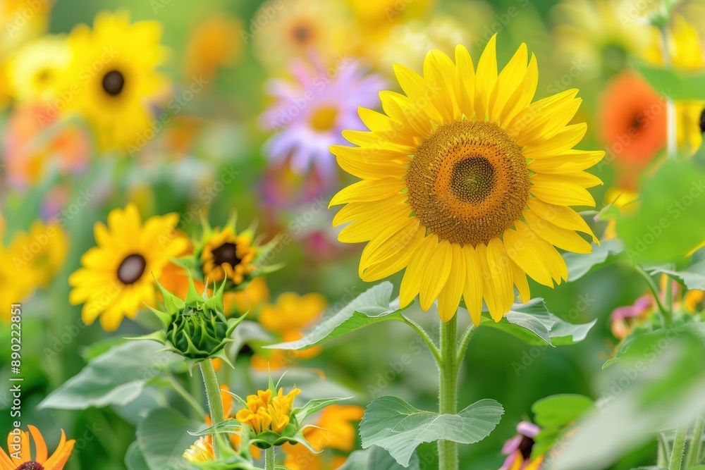 Fototapeta premium Close-up of vibrant yellow sunflowers blooming in a summer field, showcasing nature's beauty and freshness - Generative ai