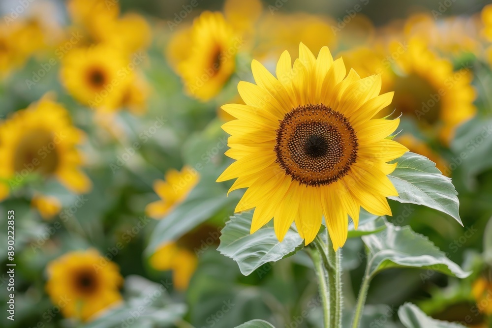 A field of vibrant yellow sunflowers with one flower in focus, highlighting the beauty of nature - Generative ai A field of vibrant yellow sunflowers with one flower in focus, highlighting the beauty of nature - Generative ai
