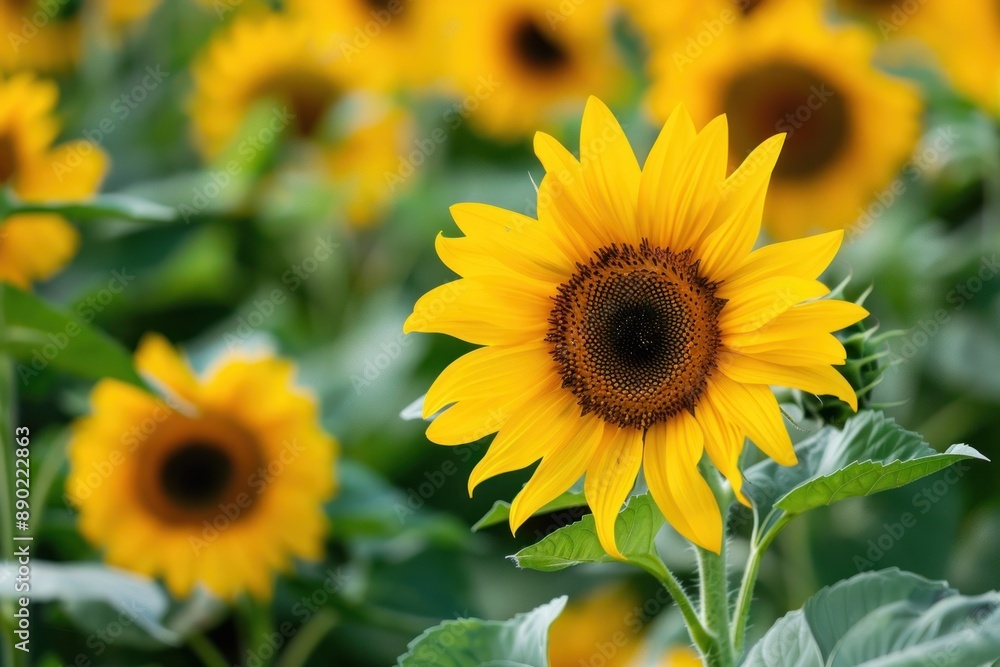 Fototapeta premium A field of vibrant yellow sunflowers with one flower in focus, highlighting the beauty of nature - Generative ai