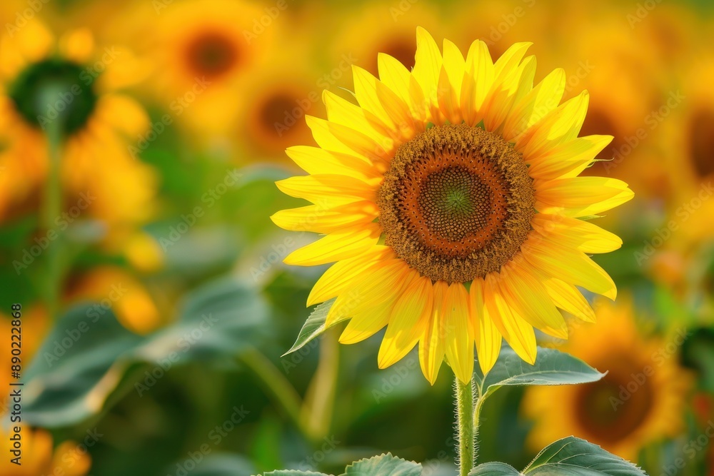 Fototapeta premium A field of vibrant yellow sunflowers with one flower in focus, highlighting the beauty of nature - Generative ai