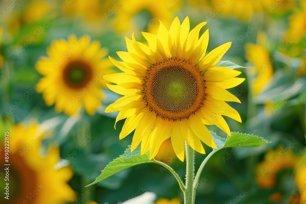 A field of vibrant yellow sunflowers with one flower in focus, highlighting the beauty of nature - Generative ai A field of vibrant yellow sunflowers with one flower in focus, highlighting the beauty of nature - Generative ai