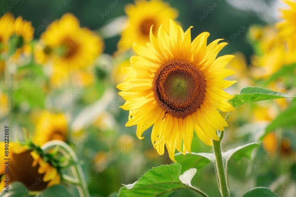 A field of vibrant yellow sunflowers with one flower in focus, highlighting the beauty of nature - Generative ai A field of vibrant yellow sunflowers with one flower in focus, highlighting the beauty of nature - Generative ai