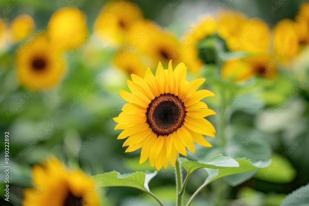 Naklejka premium A field of vibrant yellow sunflowers with one flower in focus, highlighting the beauty of nature - Generative ai