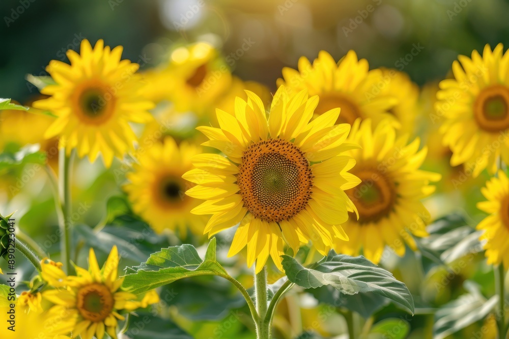 A field of vibrant yellow sunflowers with one flower in focus, highlighting the beauty of nature - Generative ai A field of vibrant yellow sunflowers with one flower in focus, highlighting the beauty of nature - Generative ai