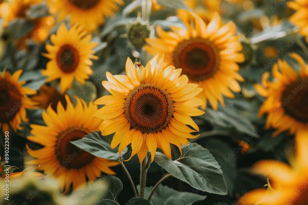 A field of vibrant yellow sunflowers with one flower in focus, highlighting the beauty of nature - Generative ai A field of vibrant yellow sunflowers with one flower in focus, highlighting the beauty of nature - Generative ai